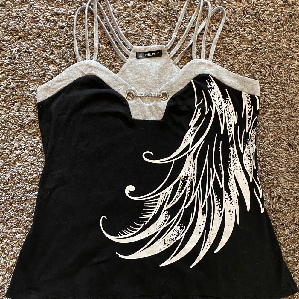 Grey and Black Tank Top with Feather Design